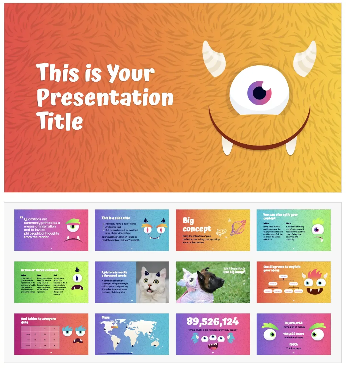 Mẫu PowerPoint với chủ đề quái vật, sử dụng hình ảnh minh họa ngộ nghĩnh, màu sắc rực rỡ, thích hợp cho các bài thuyết trình mang tính giải trí, sáng tạo, hoặc dành cho trẻ em.