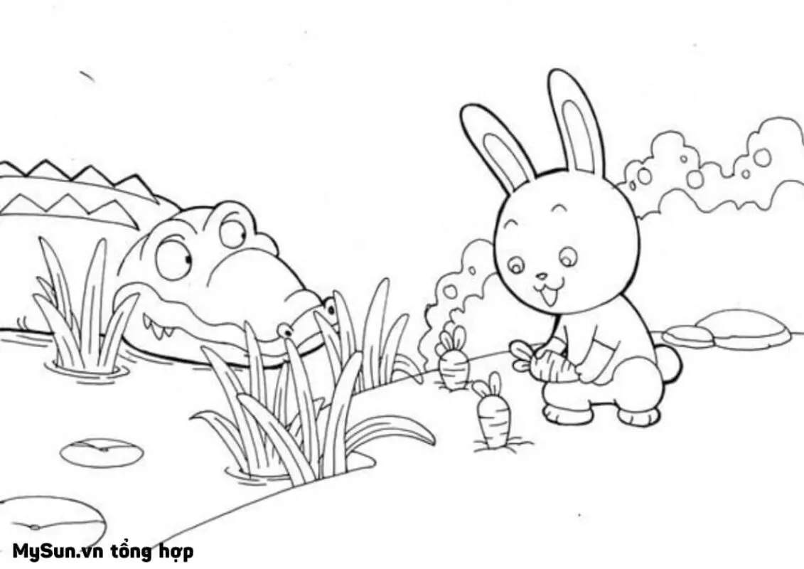 tranh rỗng con thỏ chibi và củ cà rốt để bé tô màu