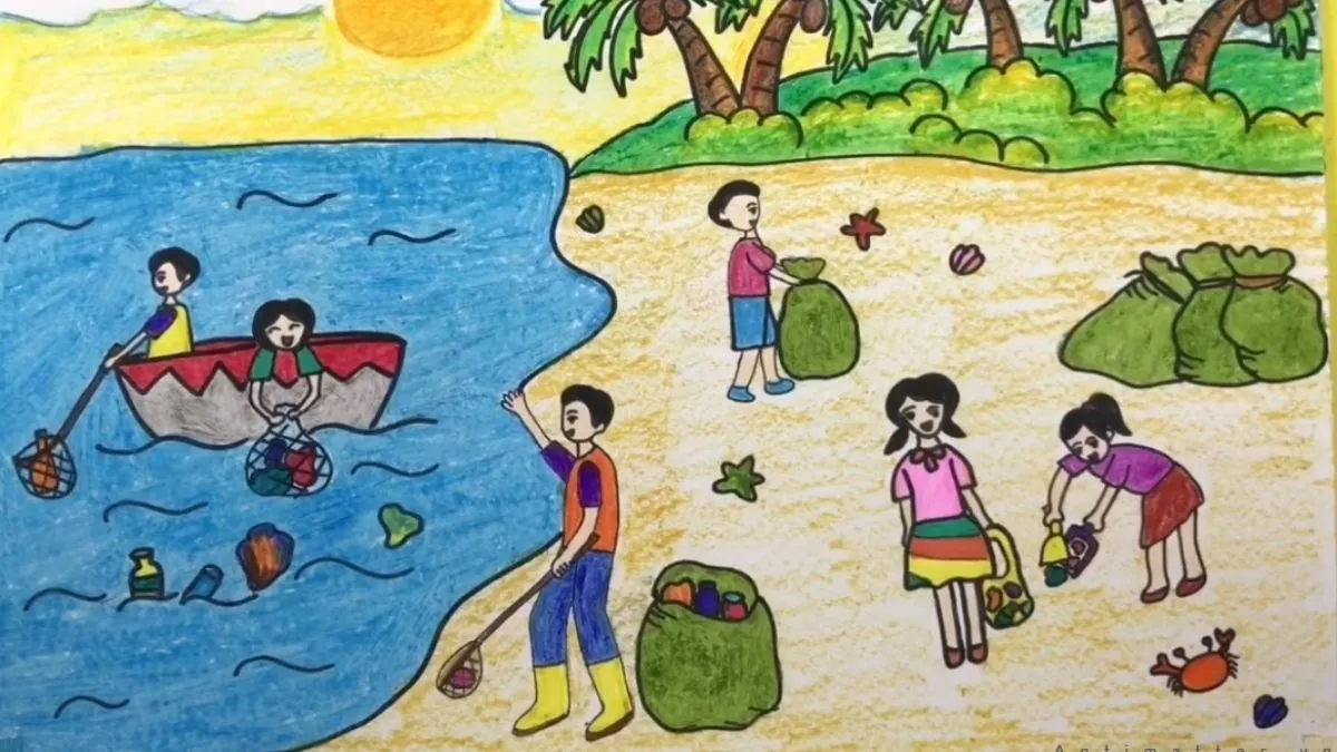 Mẫu tranh vẽ bảo vệ môi trường biển với bãi cát sạch và cây xanh