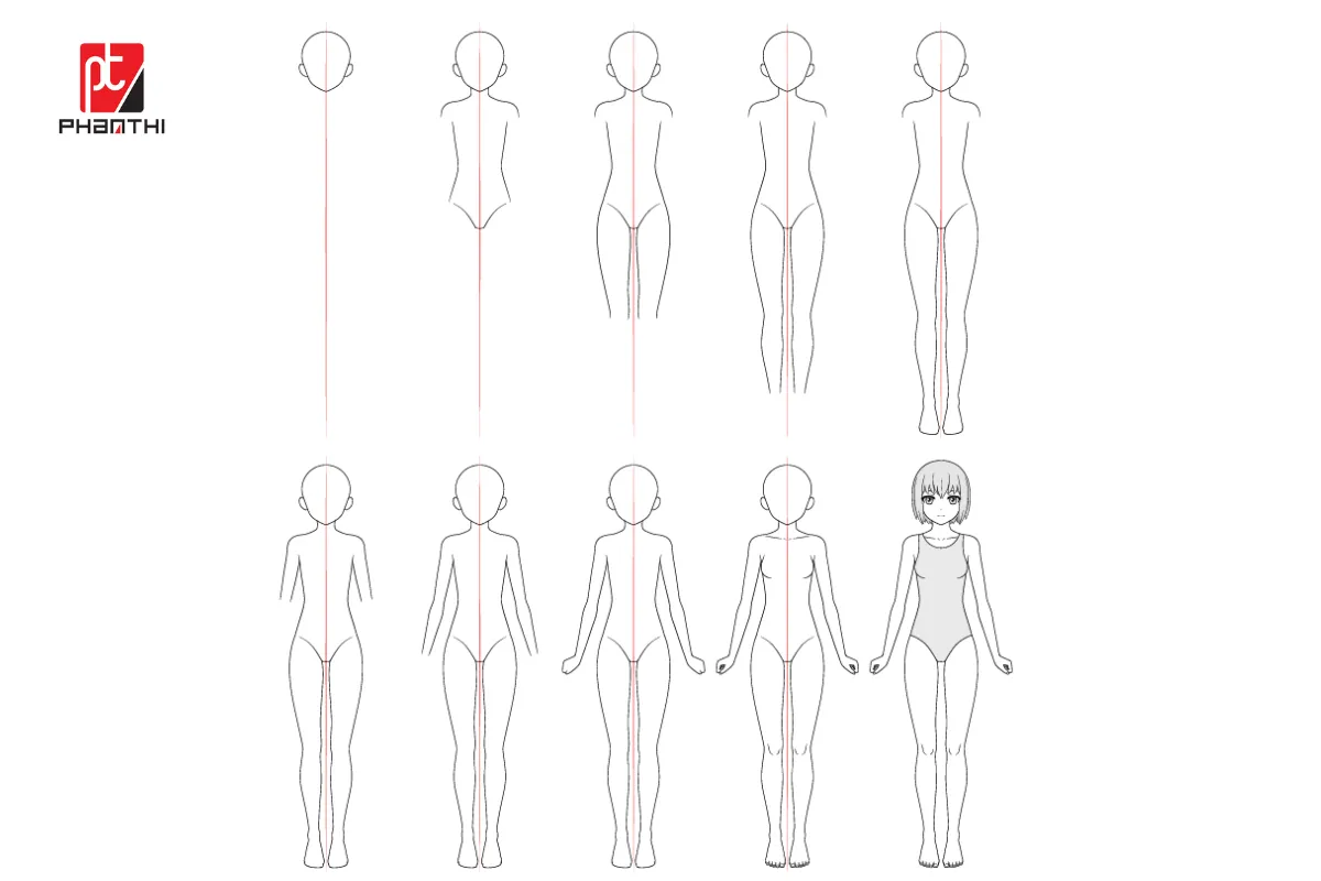 Quy trình cơ bản vẽ toàn thân nhân vật nữ anime với các bước và tỷ lệ minh họa.