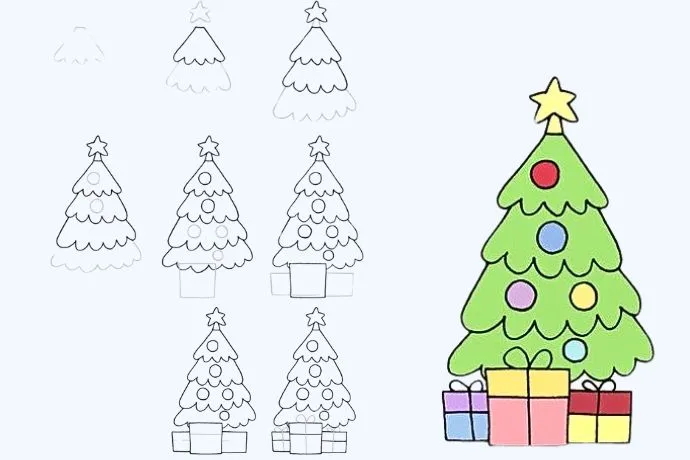 Bước vẽ đơn giản để tạo hình ảnh cây thông Noel cute, phù hợp cho bé và người mới học vẽ.