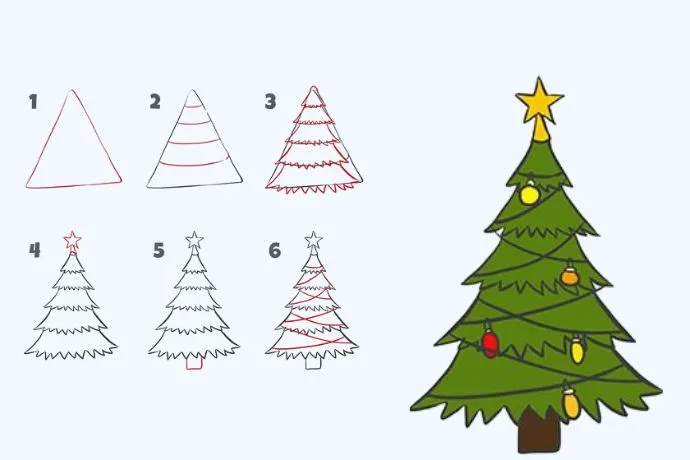 Hướng dẫn từng bước để vẽ hình ảnh cây thông Noel quen thuộc, với các chi tiết cơ bản.
