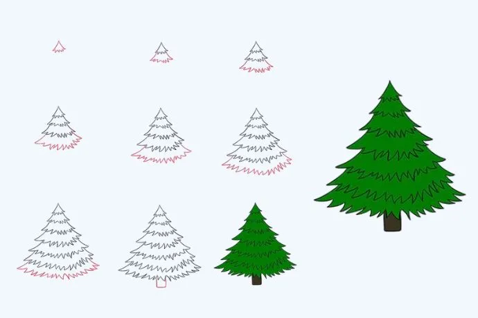  Minh họa các bước vẽ hình ảnh cây thông Noel truyền thống, đơn giản và dễ thực hiện.