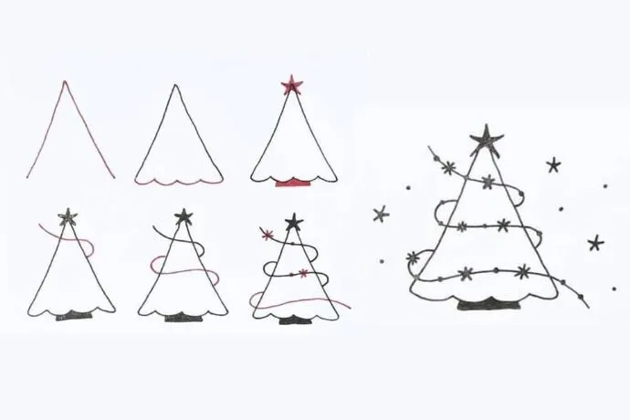 Quy trình vẽ hình ảnh cây thông Noel với cấu trúc tam giác cơ bản, phù hợp cho người mới bắt đầu.