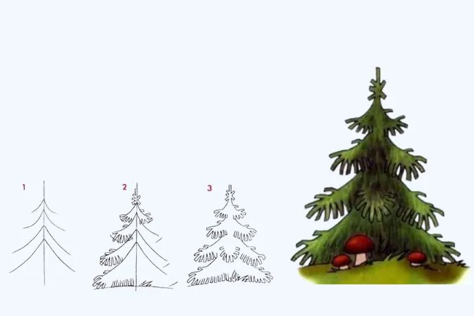 Minh họa các kỹ thuật vẽ hình ảnh cây thông Noel phức tạp hơn, nhấn mạnh sự tỉ mỉ trong trang trí.