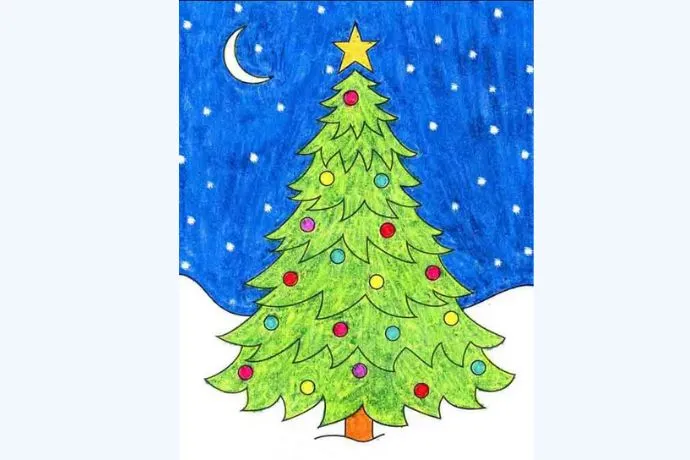 Hình ảnh cây thông Noel rực rỡ với ánh đèn lấp lánh và ngôi sao trên đỉnh.