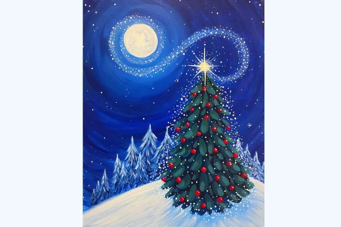 Hình ảnh cây thông Noel trang trí lộng lẫy với hộp quà dưới gốc, tạo không khí lễ hội.