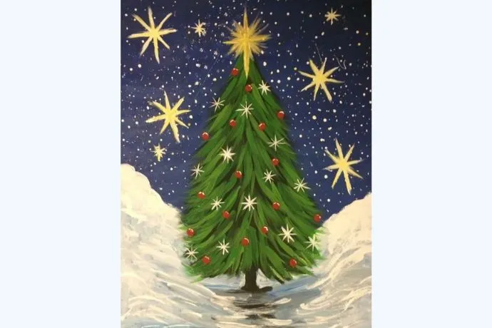 Hình ảnh cây thông Noel được cách điệu, với các chi tiết trang trí độc đáo và hiện đại.