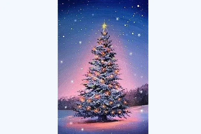 Hình ảnh cây thông Noel nghệ thuật, kết hợp nhiều màu sắc và hình dạng độc đáo.