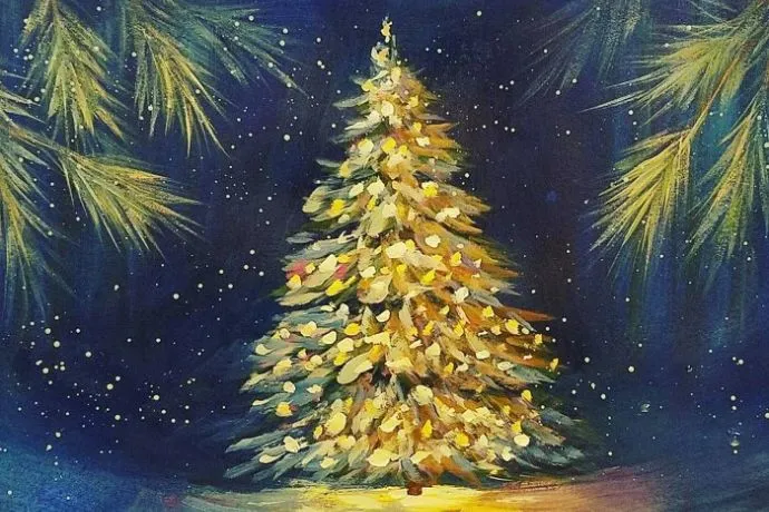 Hình ảnh cây thông Noel được trang trí cầu kỳ, với nhiều phụ kiện và đồ trang sức tinh xảo.