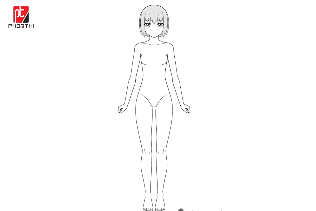 Hình ảnh tổng thể nhân vật nữ anime đã phác thảo sẵn sàng cho khuôn mặt và trang phục.