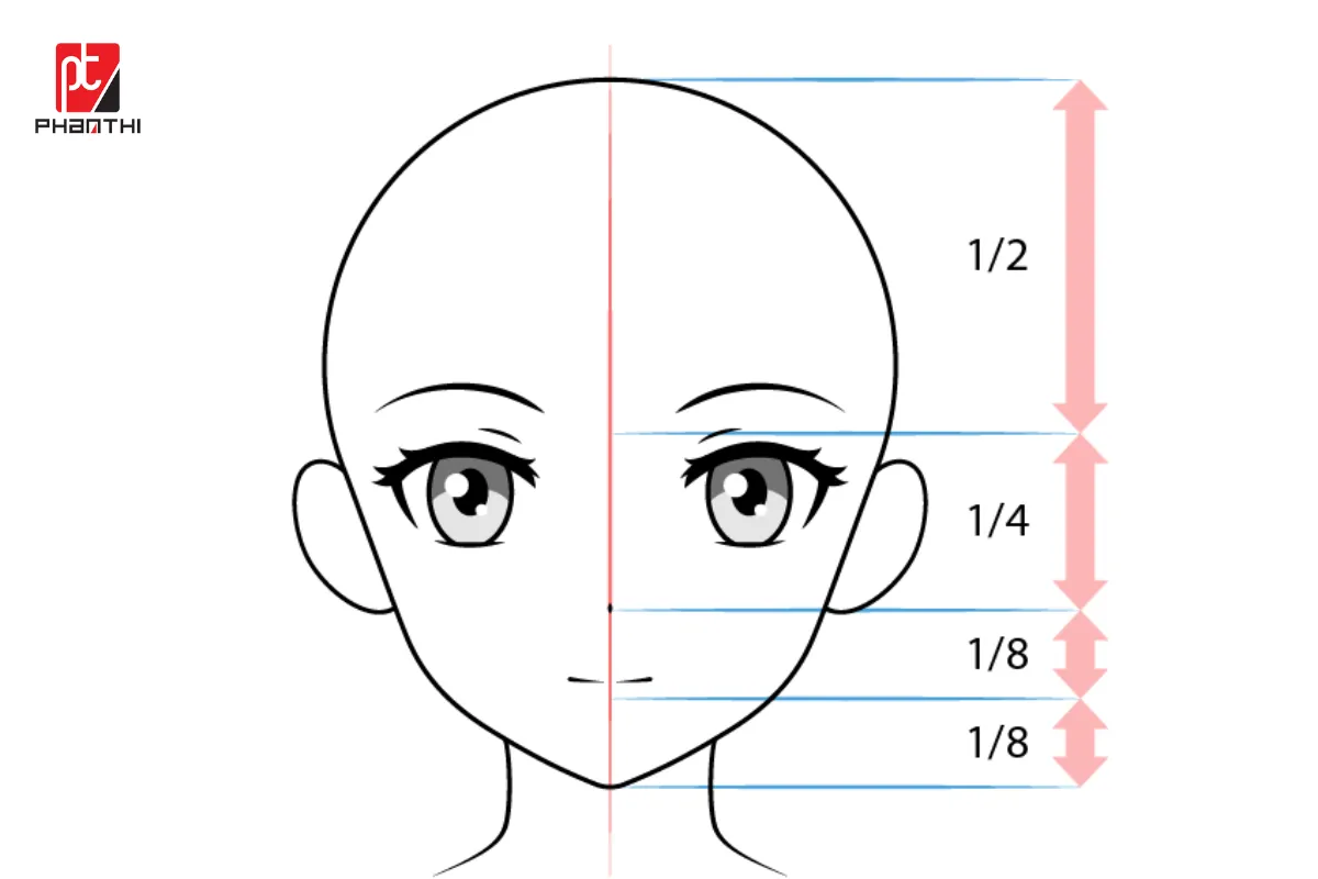 Vị trí các bộ phận trên khuôn mặt nhân vật nữ anime theo tỷ lệ chuẩn.