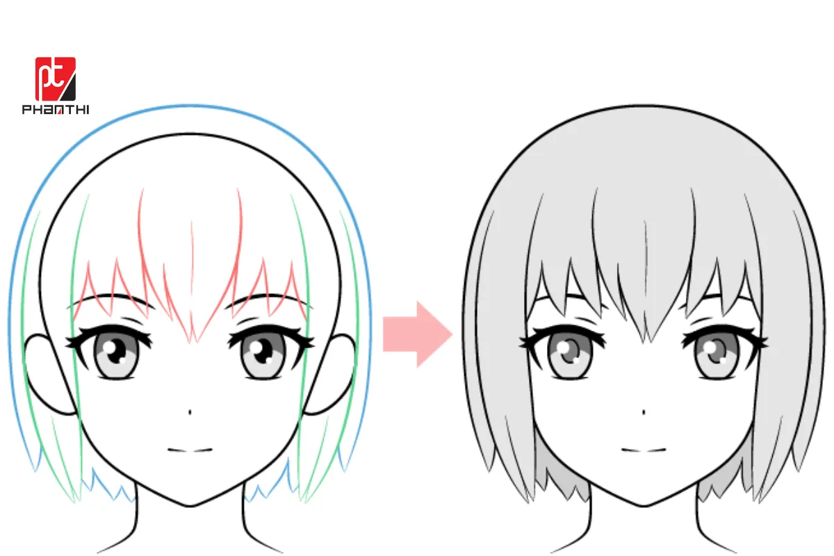 Cách vẽ tóc phủ lên đầu nhân vật nữ anime theo từng phần.