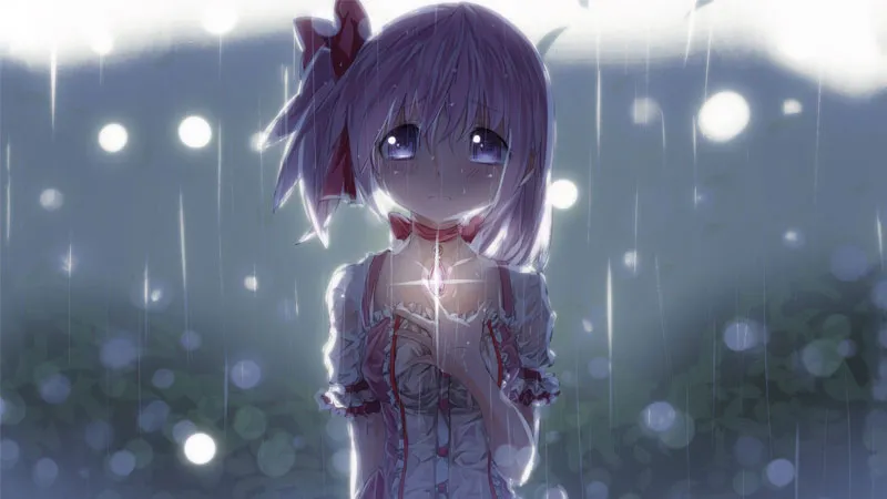 Chàng trai anime khóc trong bóng tối của cơn mưa