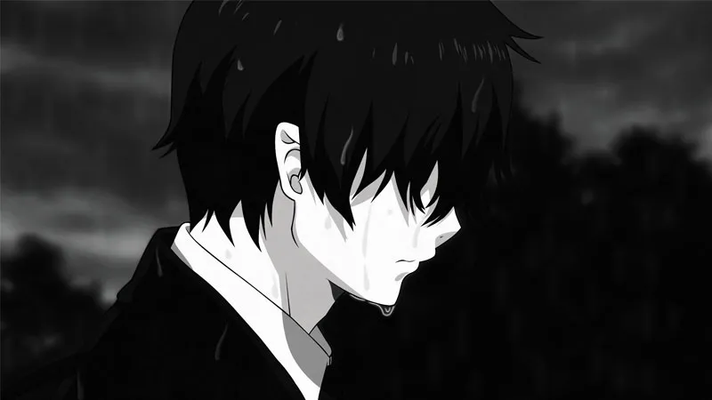 Ảnh anime nam chất buồn, khuôn mặt ướt đẫm nước mưa