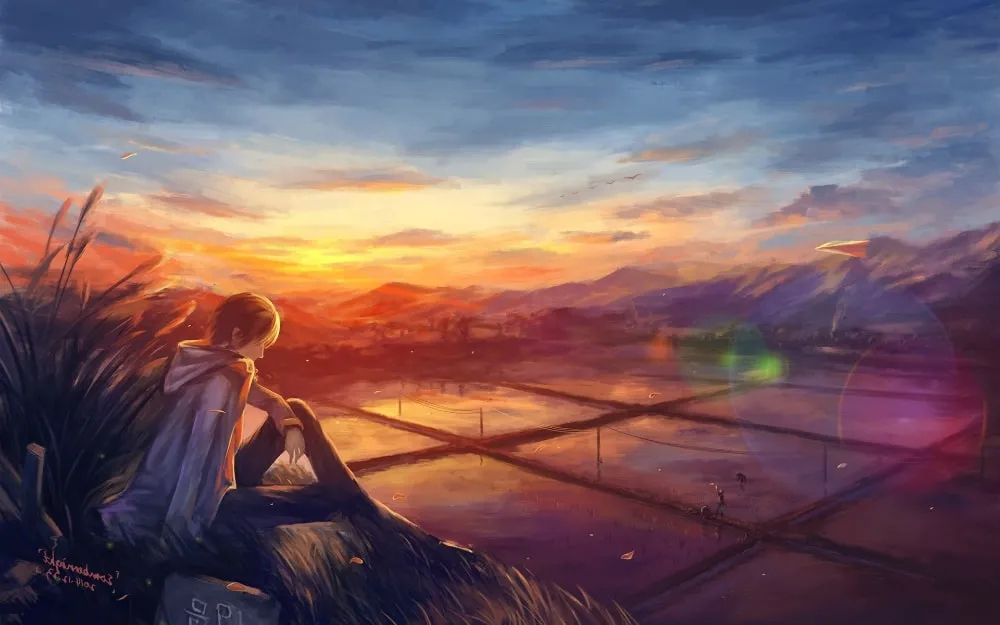 Bầu trời hoàng hôn anime ngập tràn sắc cam đỏ và tia nắng cuối cùng của ngày