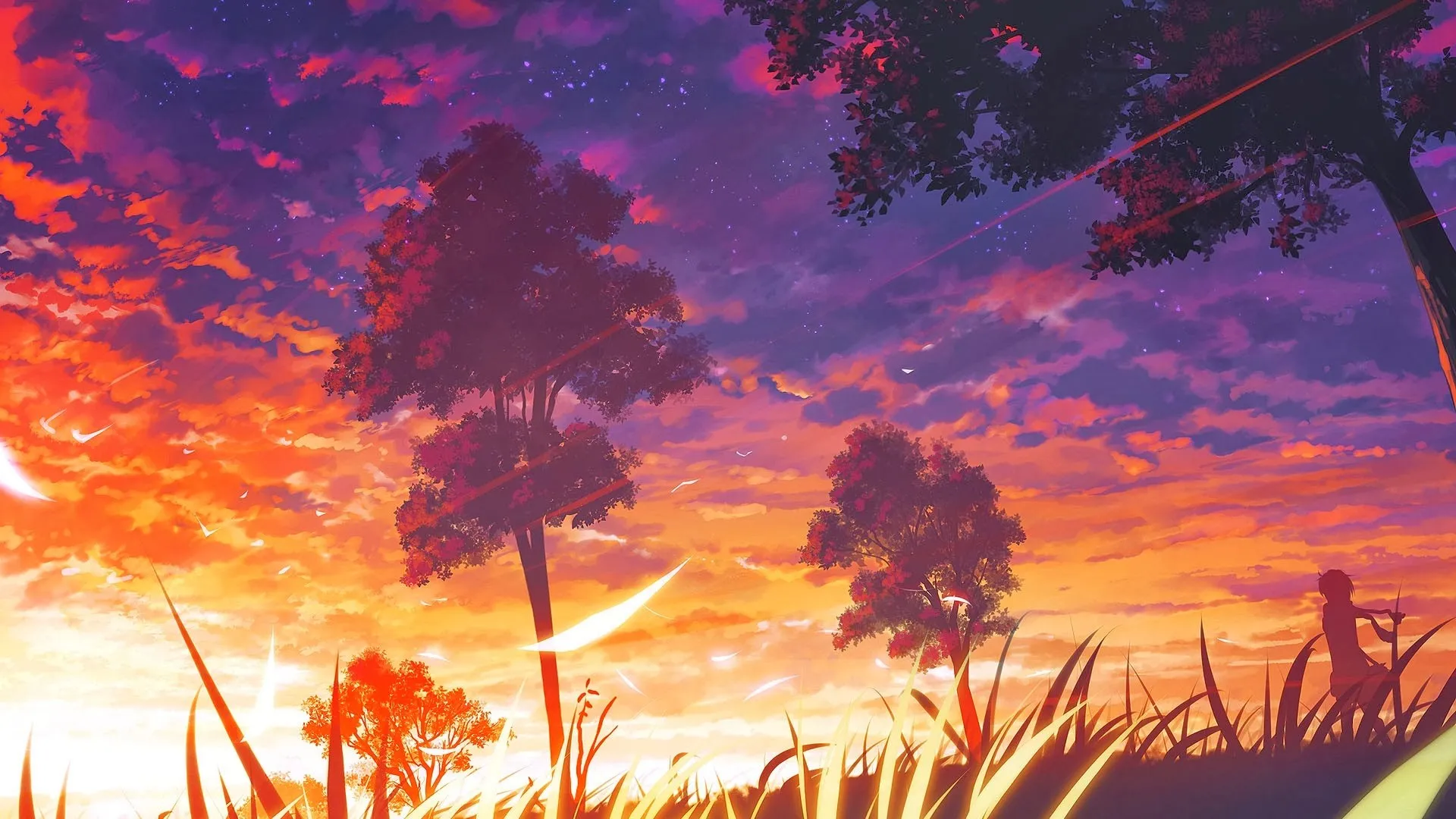 Khung cảnh hoàng hôn anime lãng mạn với ánh nắng mờ ảo