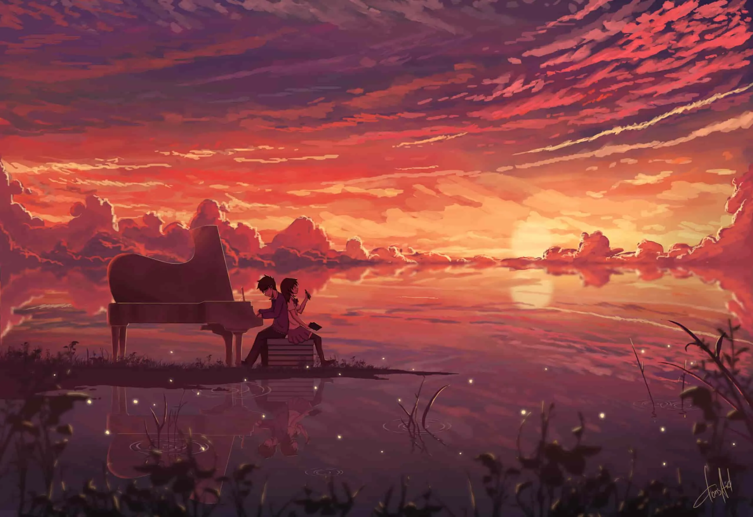 Bầu trời hoàng hôn anime với dải màu cam, hồng, tím