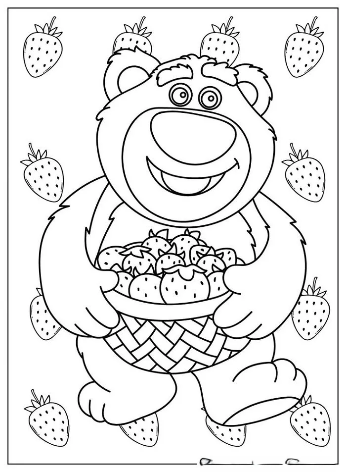 Tranh tô màu gấu Lotso cùng giỏ dâu tây