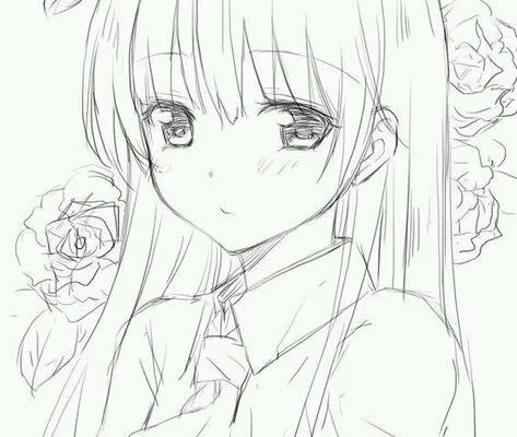 Hình vẽ anime cô gái với mái tóc dài buông lơi, ánh mắt trầm tư