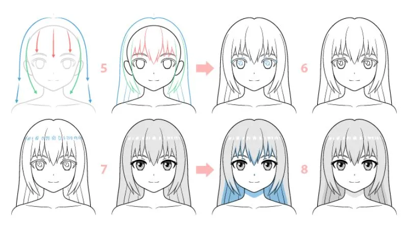 Hình ảnh tô màu anime mái tóc cho nhân vật nữ