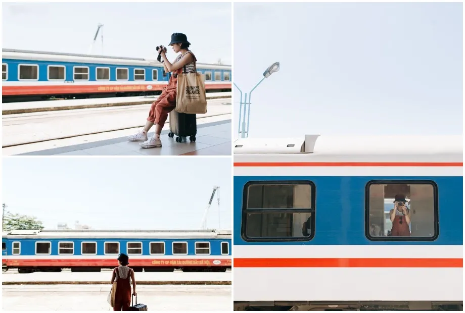 Hình ảnh hai màu xanh và đỏ đặc trưng của toa tàu, tạo nên những hình ảnh tàu hỏa đẹp mang phong cách retro