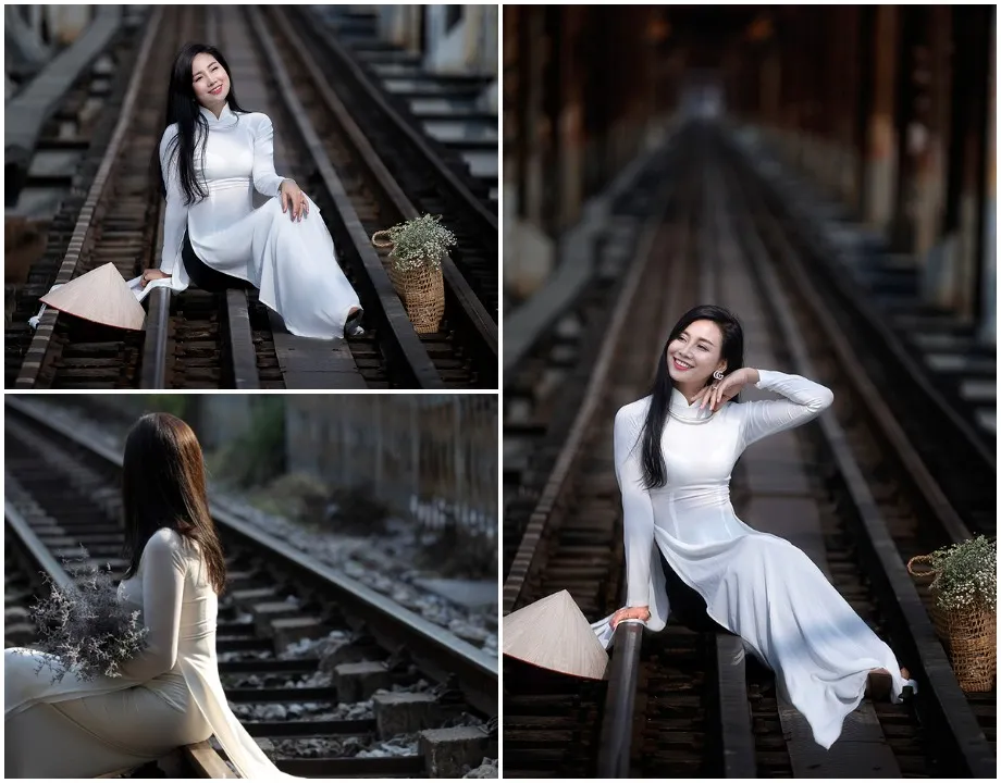 Hình ảnh cô gái mặc áo dài ngồi trên đường ray, tạo nên hình ảnh tàu hỏa đẹp cổ điển và duyên dáng