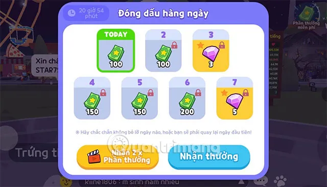 Bảng điểm danh hàng ngày trong Play Together với phần thưởng kim cương và tiền sao