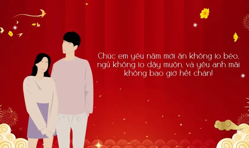 Cặp đôi trẻ cười đùa vui vẻ bên nhau ngày Tết, thể hiện sự hài hước trong lời chúc năm mới người yêu
