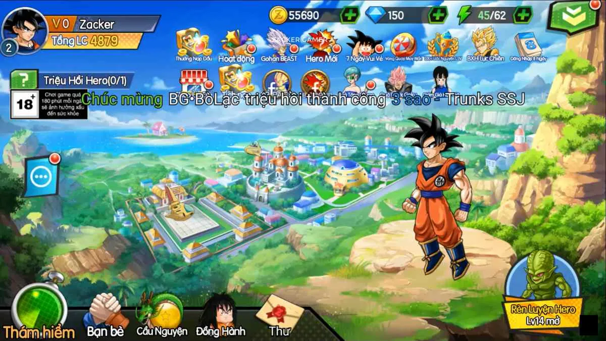 Giao diện khởi động game Siêu Rồng Thần Huyền Thoại, chuẩn bị nhập code