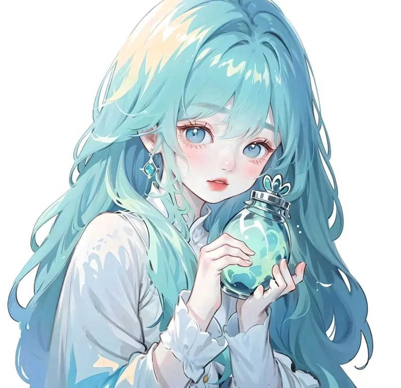 Nữ Bảo Bình anime với màu tóc xanh ngọc, kết hợp yếu tố thiên nhiên