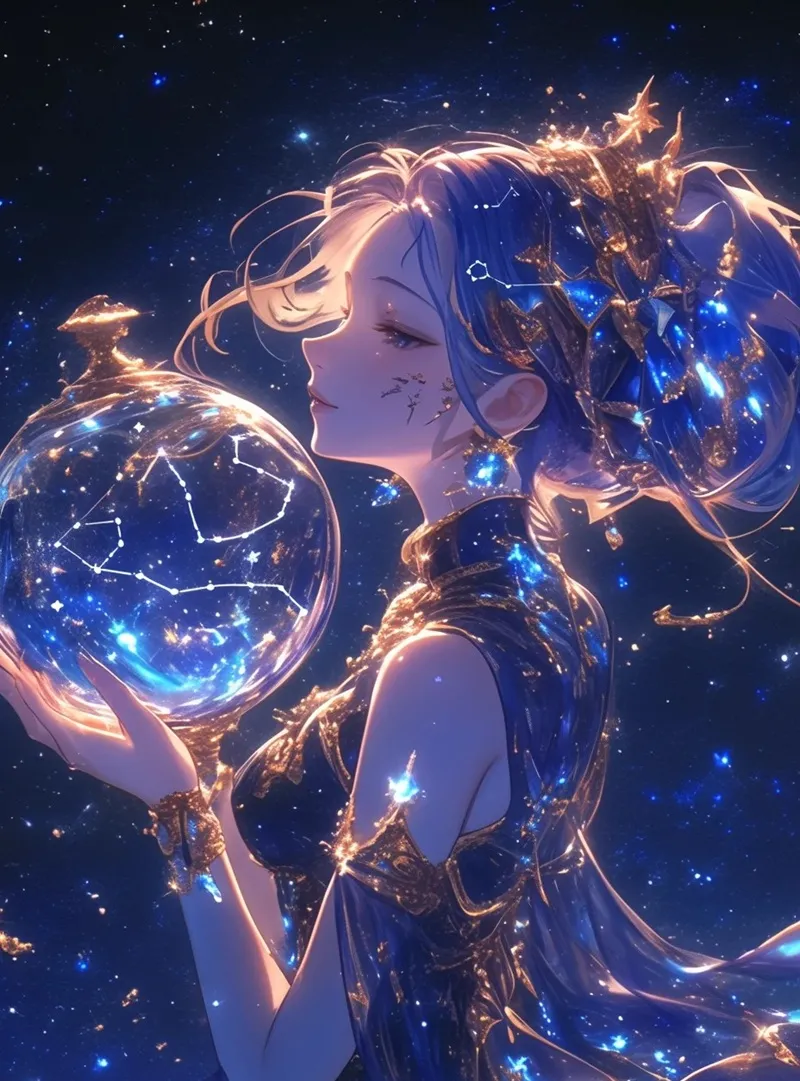 Hình ảnh anime cô gái cung Bảo Bình với ánh mắt mơ màng, ẩn chứa nhiều suy tư
