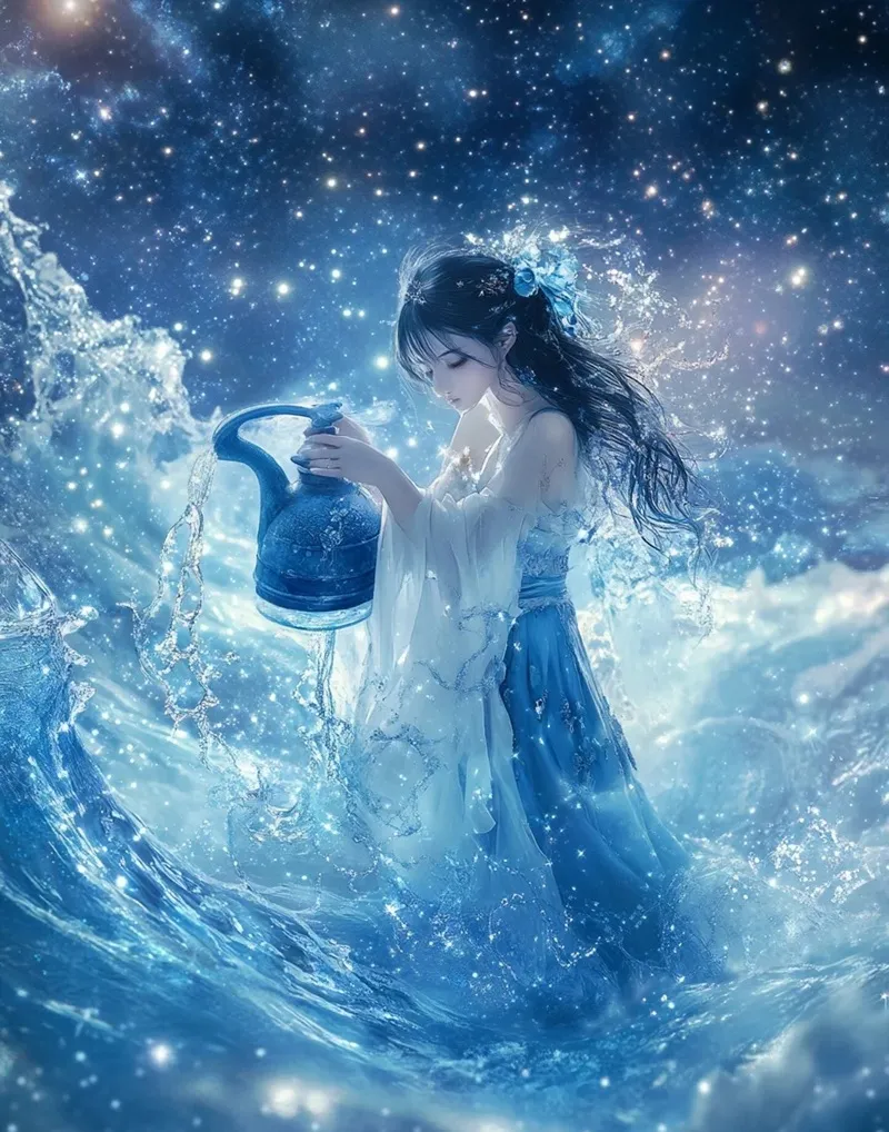 Nữ Bảo Bình anime với thần thái ung dung, tự tại giữa khung cảnh rộng lớn