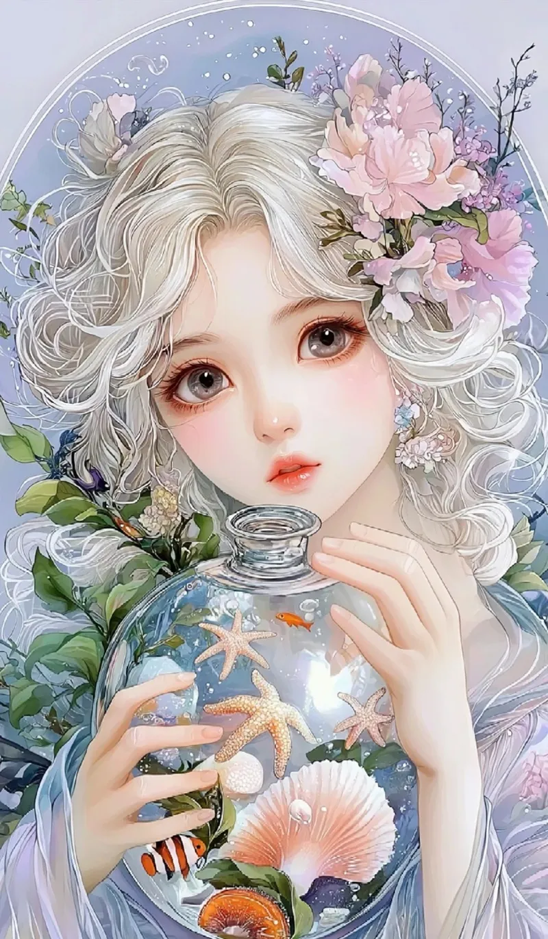 Hình ảnh anime Bảo Bình nữ với mái tóc dài óng ả, toát lên vẻ đẹp thanh thoát