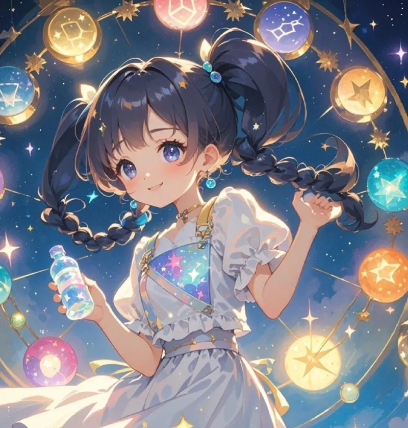 Hình ảnh anime cô gái Bảo Bình với mái tóc bồng bềnh, thể hiện sự tự do