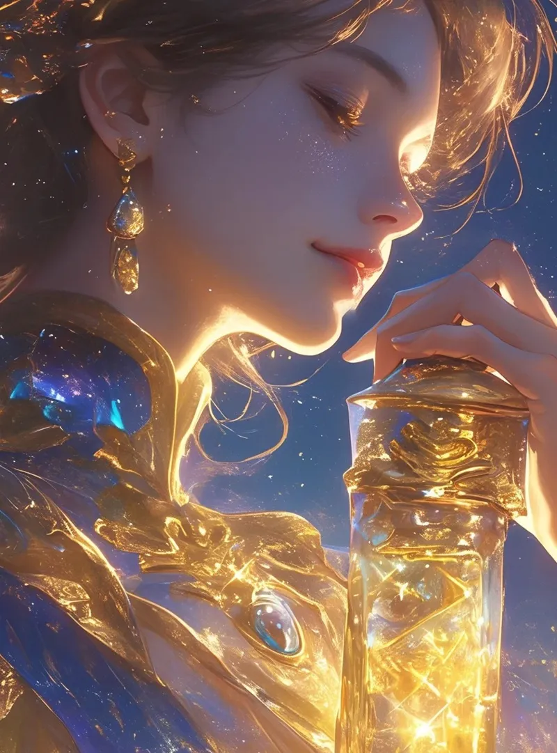 Bảo Bình nữ anime cá tính, đứng giữa không gian huyền ảo, đầy sáng tạo