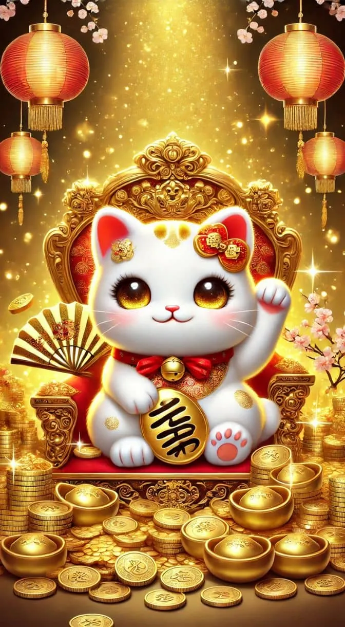 Hình ảnh mèo thần tài cầm quạt với hoa văn cổ điển và màu sắc tươi sáng