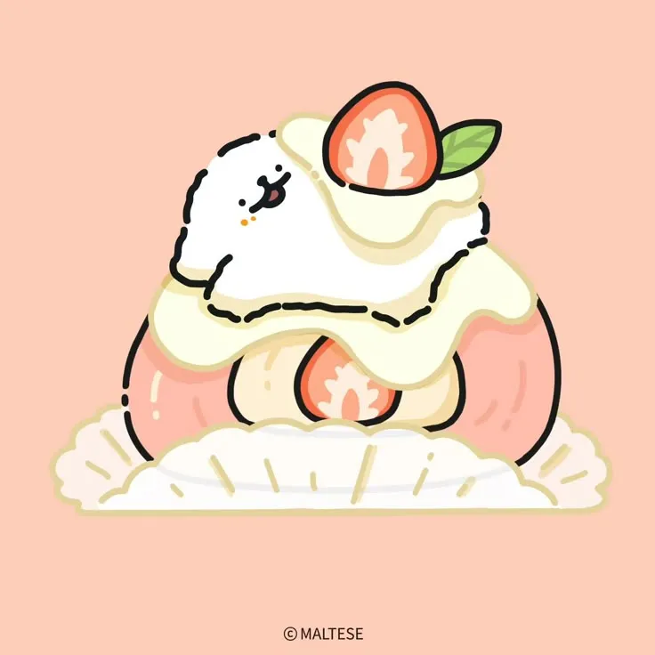 Chú chó chibi màu trắng và chiếc bánh dâu tây ngọt ngào, tạo hình nền cute