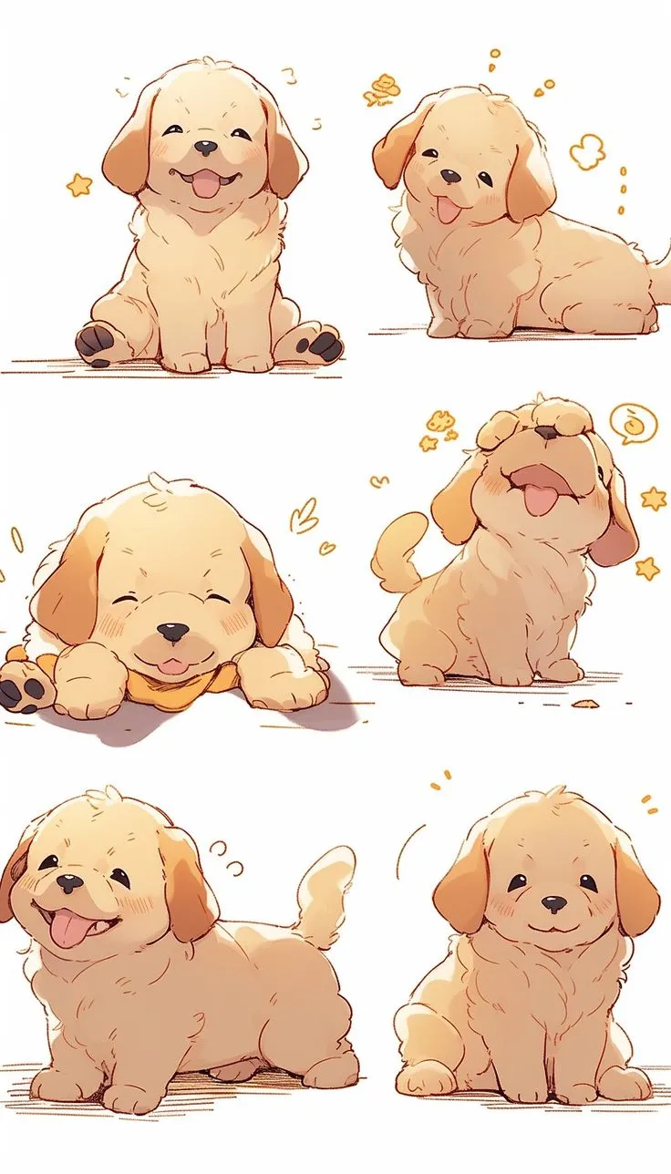 Bé chó Golden Retriever chibi với nhiều biểu cảm khác nhau trên nền màu pastel