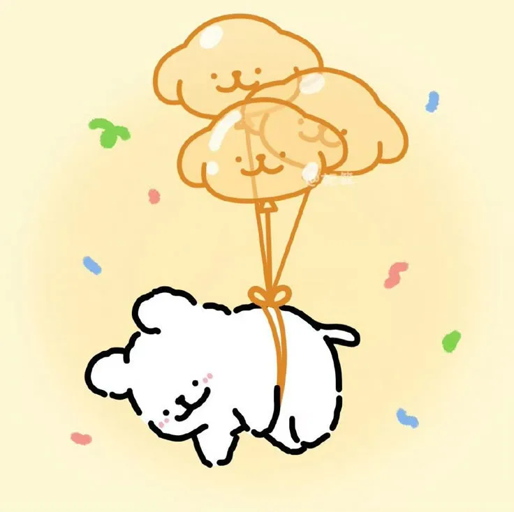 Chú chó chibi đáng yêu được nâng lên bằng chùm bóng bay đầy màu sắc