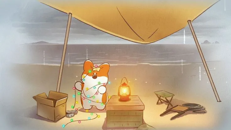 Chú Corgi chibi dễ thương cắm trại trên bãi biển vào buổi tối lãng mạn