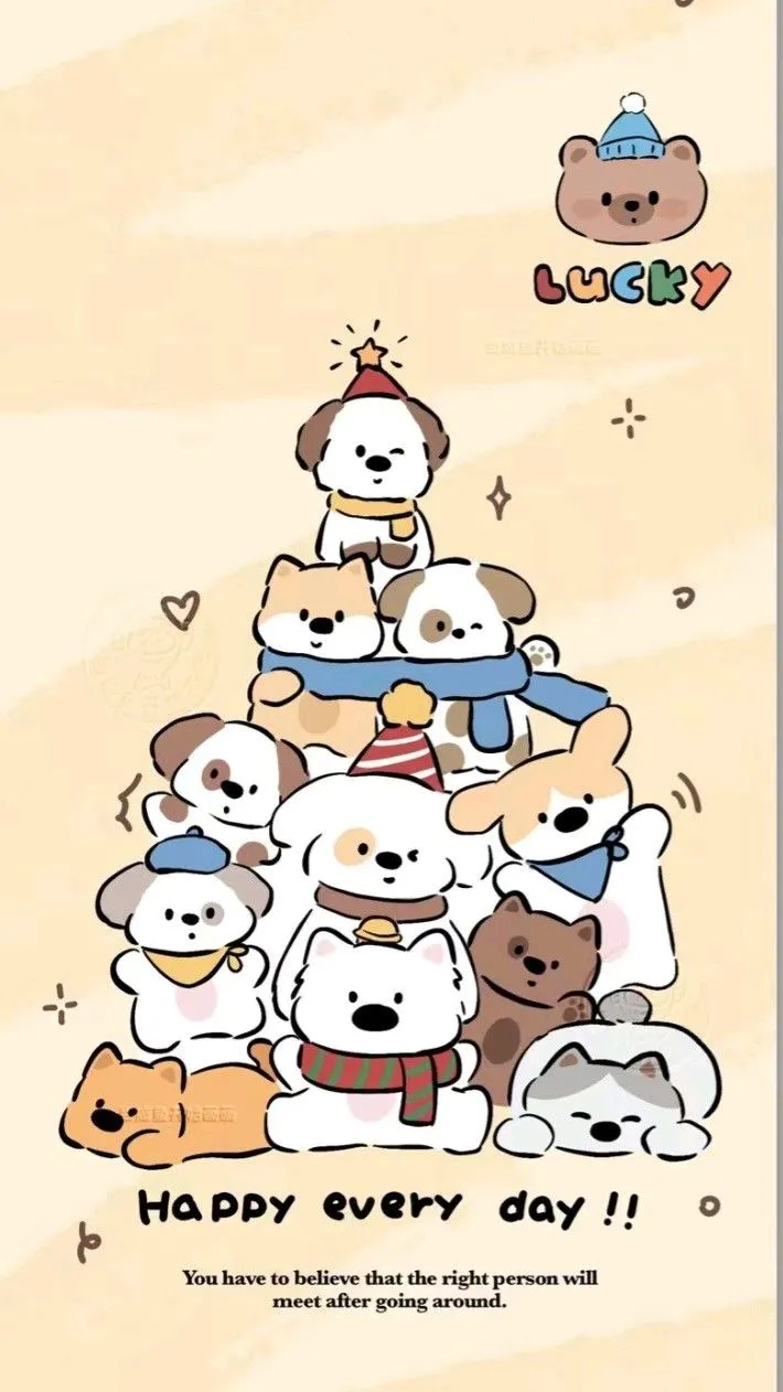 Chú chó chibi đáng yêu mặc trang phục Giáng sinh bên cây thông Noel rực rỡ