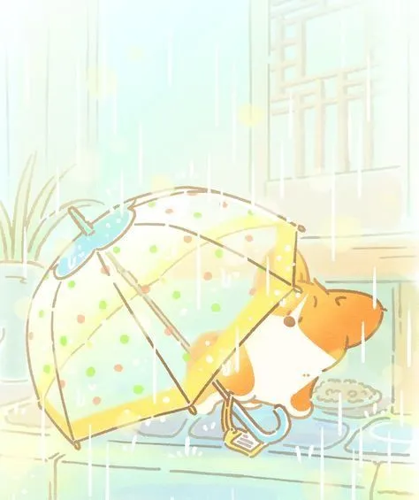 Chú chó chibi đứng dưới ô che mưa, khung cảnh yên bình và nhẹ nhàng