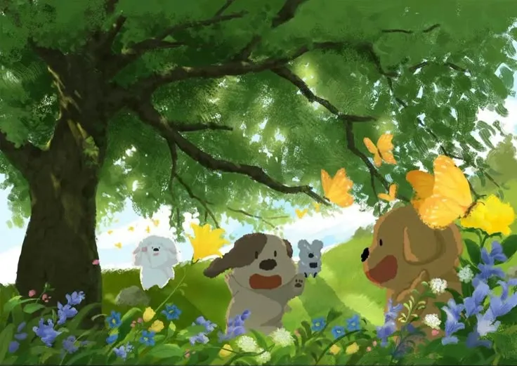 Ba chú chó chibi dễ thương chơi đùa giữa rừng cây và hoa lá