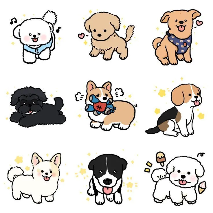 Bộ sưu tập nhiều giống chó chibi khác nhau như Husky, Shiba, Corgi, đáng yêu
