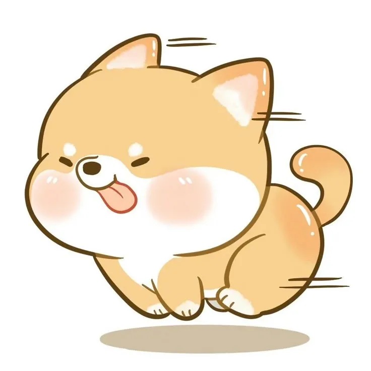 Bé chó chibi màu nâu đang chạy nhảy vui vẻ trên nền xanh, hình ảnh đáng yêu