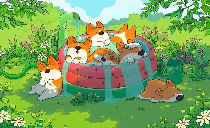 Chú Corgi chibi nằm thư giãn trong bể bơi hình trái dứa, tận hưởng mùa hè