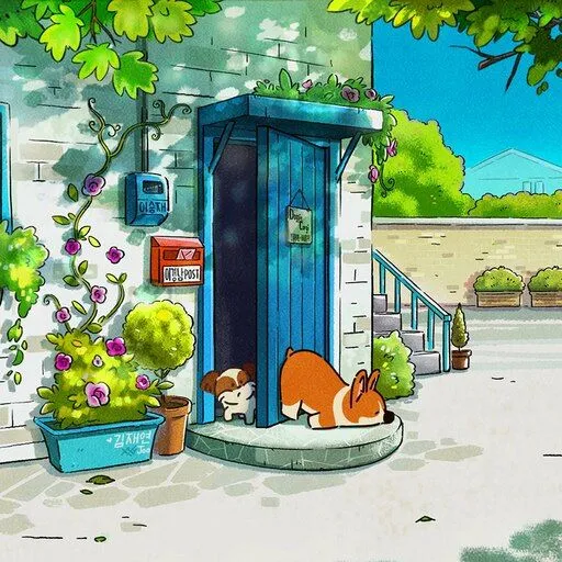 Chú Corgi chibi đứng trước cửa chờ đợi, biểu cảm hài hước và ngộ nghĩnh