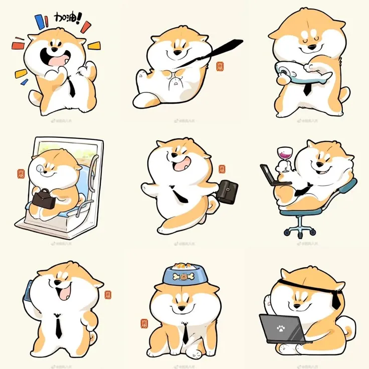 Bộ sưu tập nhiều biểu cảm đáng yêu của chú chó chibi, mỗi hình ảnh một nét riêng