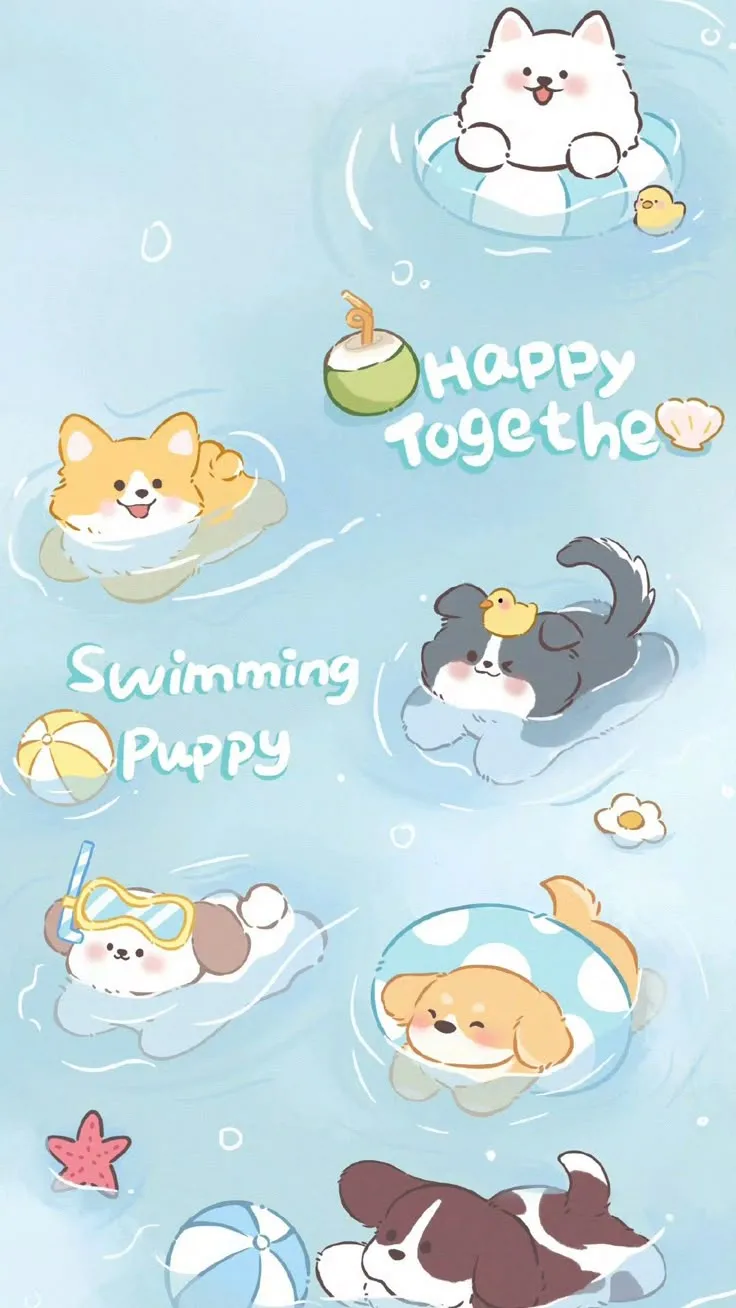 Gia đình chó chibi vui vẻ chơi đùa dưới ánh nắng mùa hè, hình ảnh năng động